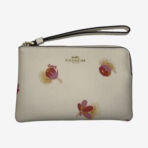 Coach Floral Print Corner Zip Wristlet In Ivory Leather With Pink Flowers